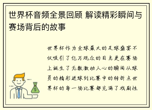 世界杯音频全景回顾 解读精彩瞬间与赛场背后的故事